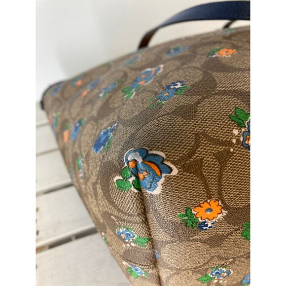 COACH F57888 LARGE BROWN, BLUE SAFFIANO FLORAL SHOULDER BAG - Picture 7 of 15